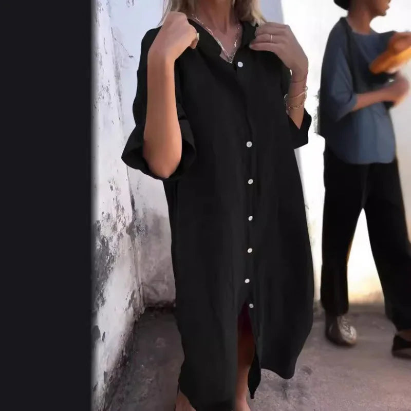 Loose Mid Calf Single Breasted Shirt Dress With Pockets For Women