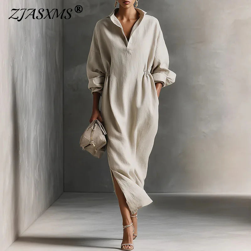 Elegant V Neck Long Sleeve Split Maxi Dress for Women