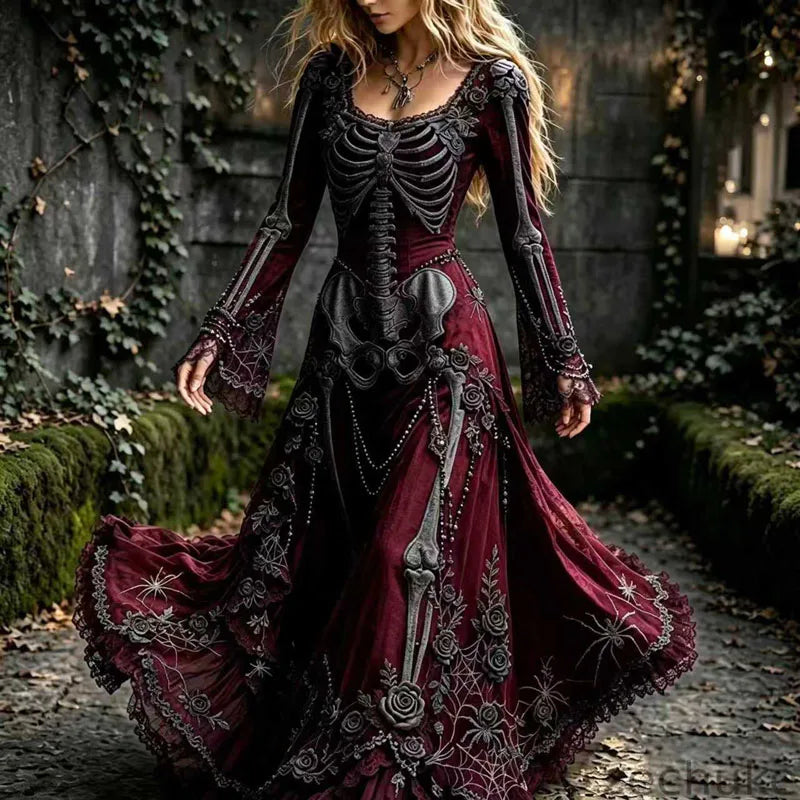 Skeleton Print Lace Flare Sleeve Maxi Dress for Women