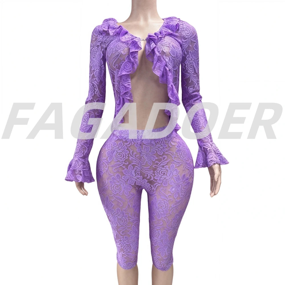 FAGADOER Sexy Lace See Through 2 Piece Sets Woman Outfit Mesh Hollow Out Crop Top and Shorts Suit Female Y2K Streetwear Clothing