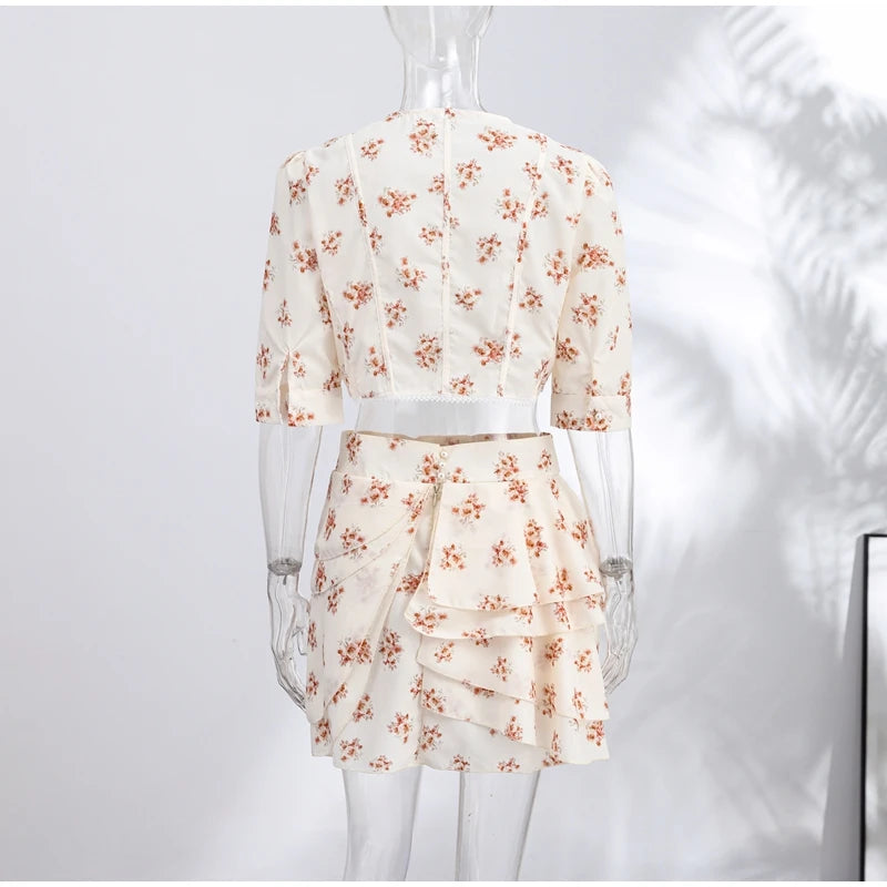 Floral Print Puff Sleeve Chiffon Pleated Two Piece Skirt Set For Women