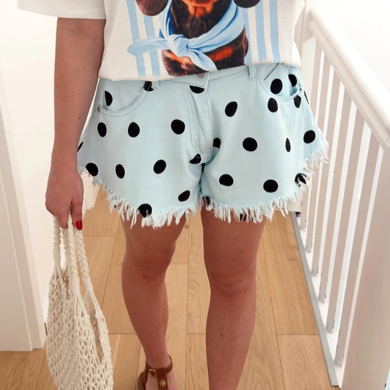 Frill Fringe Design Polka Dot Print Shorts for Women