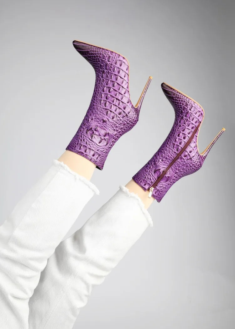 Purple Crocodile Stiletto Ankle Boots