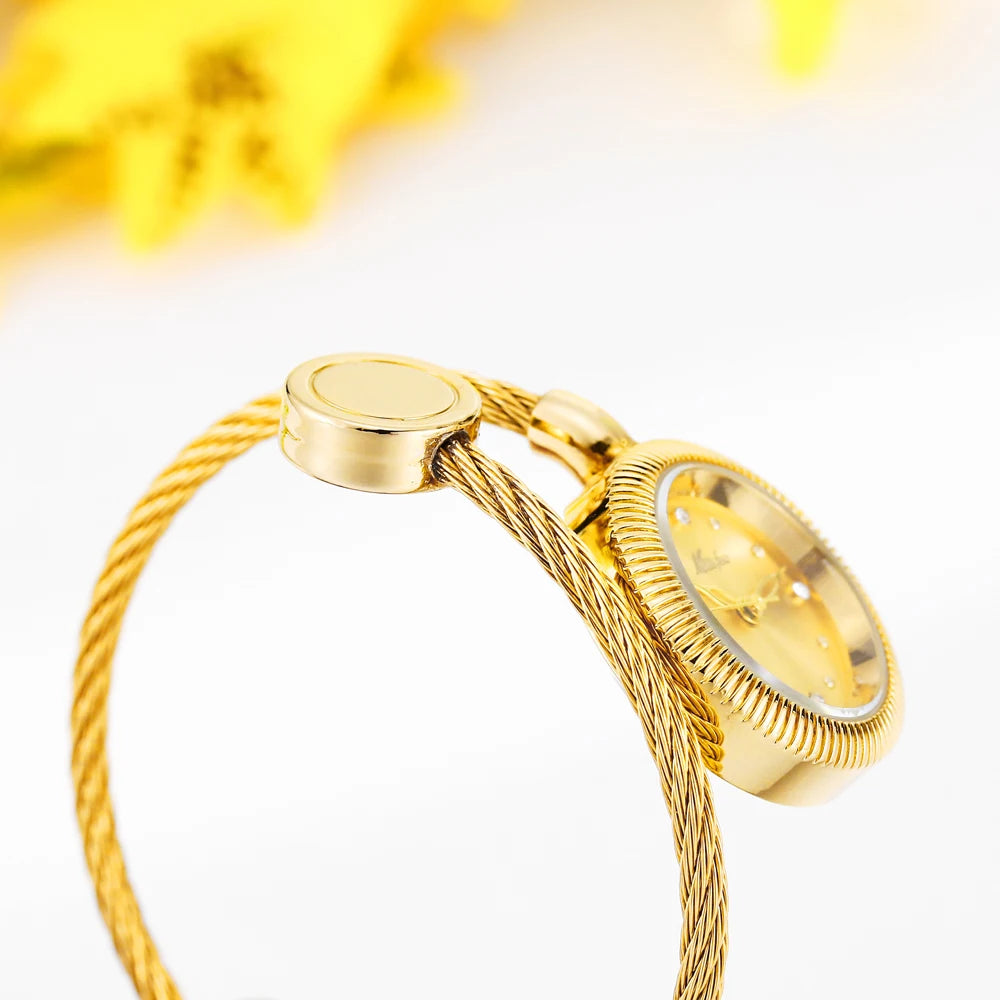 Missfox Gold Mini Watches For Women Causal Fashion Open Band Small Watch Power By Battery Ladies Wristwatches New Hot For Gift