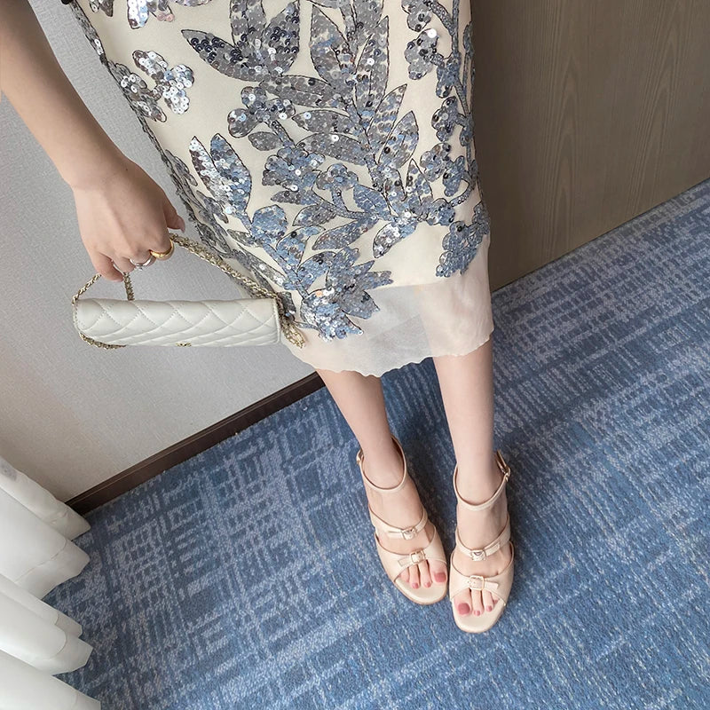 Elegant Apricot Buckle Platform Thick Heel Wedge Sandals for Women