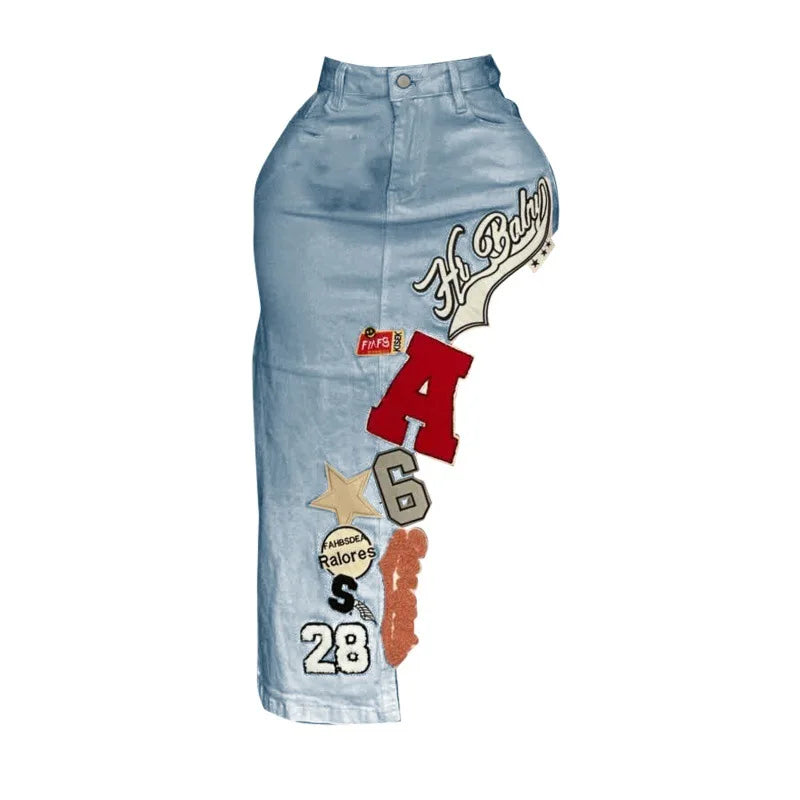 Asymmetrical Letter Embroidery Denim Skirt for Women
