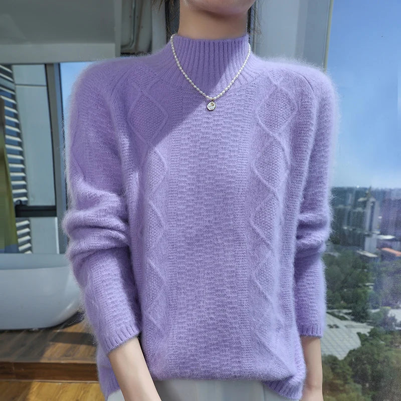 Floral Jacquard Long Sleeve High Neck Knit Sweater for Women