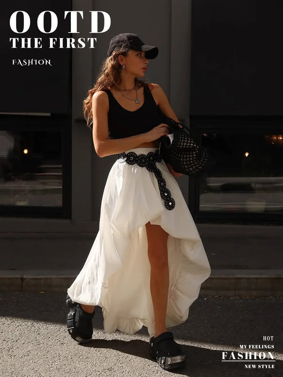 Cotton Ruched Asymmetric Midi Skirt