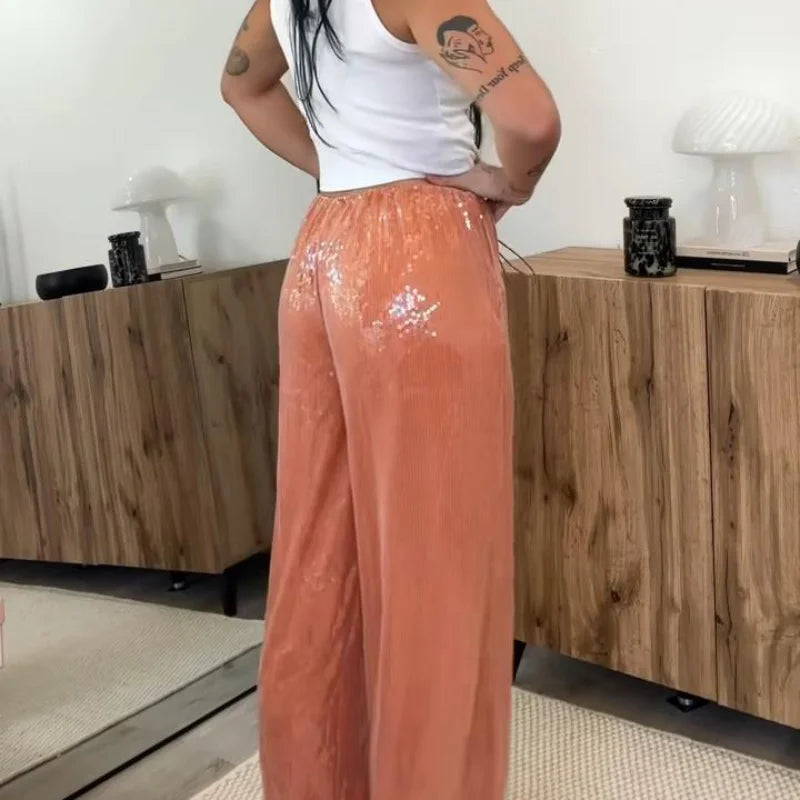 Casual Sequin Pants Women Loose Elastic Waist Wide Legs Trousers Female 2025 Spring Summer Fashion Chic Solid Streetwears Lady