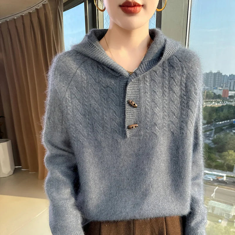 Chunky Knit Loose Hooded Pullover Sweater for Women