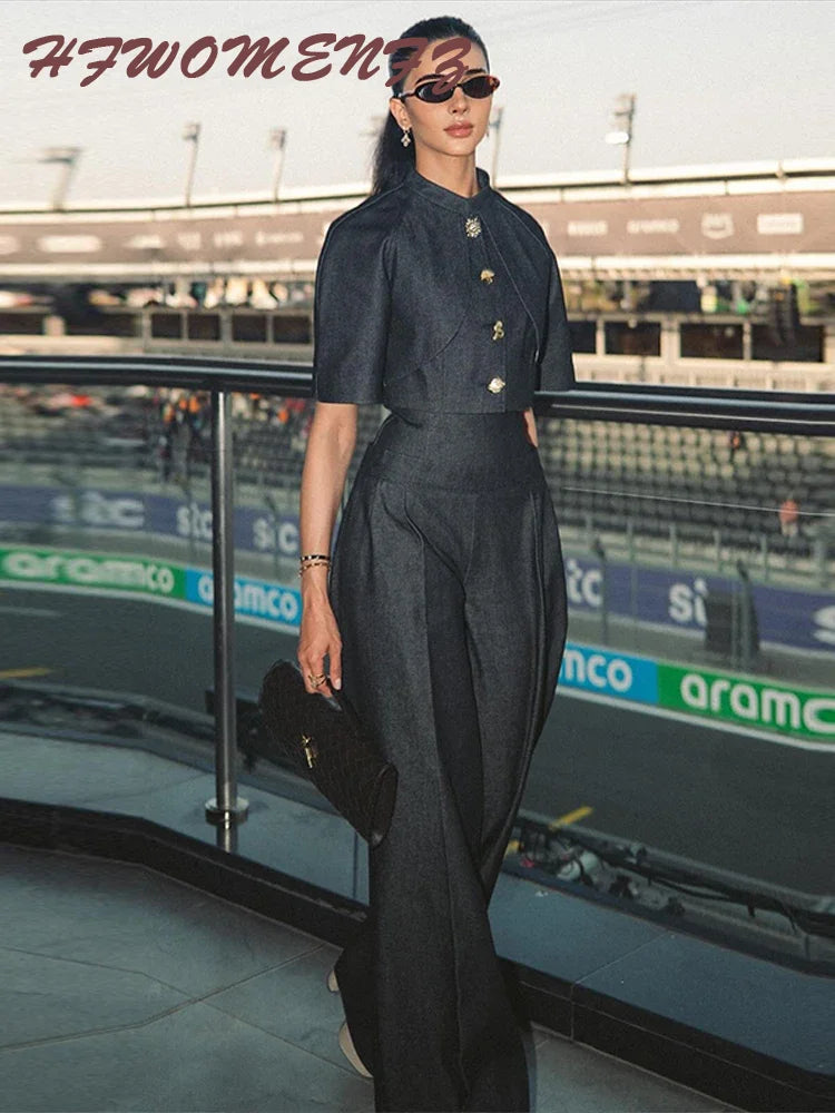 Street Denim Casual Top and Wide Leg Pants Set for Women
