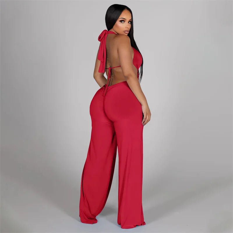 Metal Ring Bandage Hollow Out Halter Backless One Piece Jumpsuit for Women