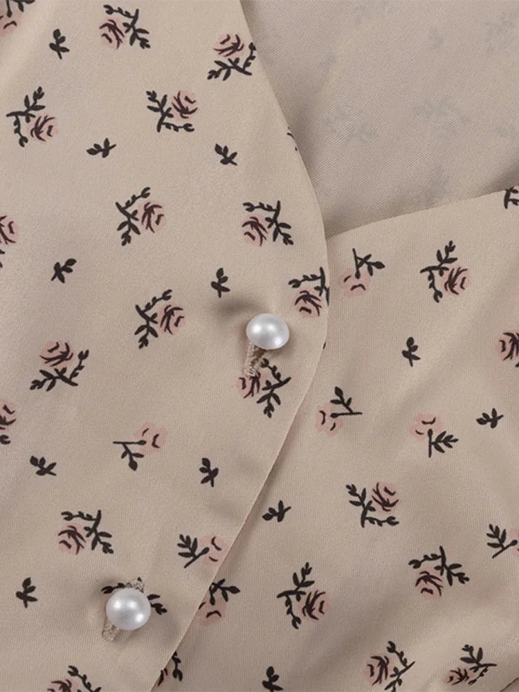V Neck Button Lantern Sleeve Print Waistband Dress for Women