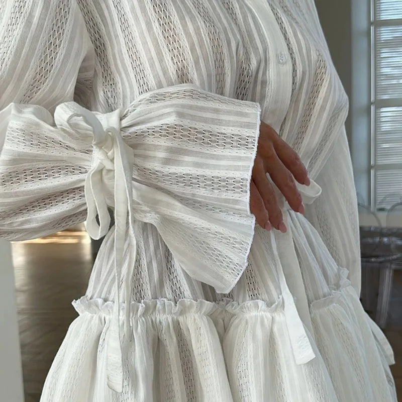 Elegant Stand Collar Bow Detail Ruffled Mini Dress for Women