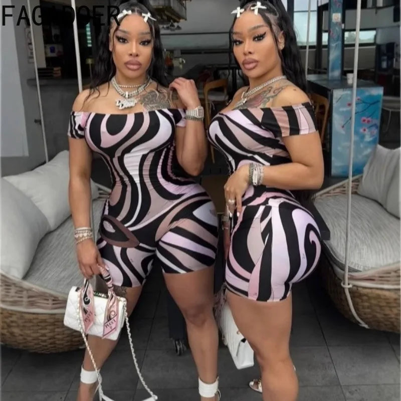 FAGADOER Sexy Stripe Print Bodycon Romper Women Off Showlder Backless One-piece Jumpsuits Hot Girl Streetwear Overalls 2025 New