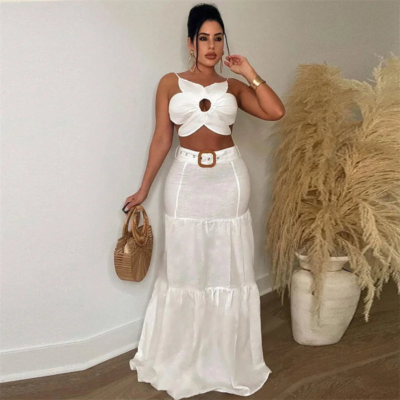 Sexy Party Club 2 Piece Sets Women Outfit Summer Dress Flower Crop Top and Long Skirt Set Elegant Vacation Festival Outfits