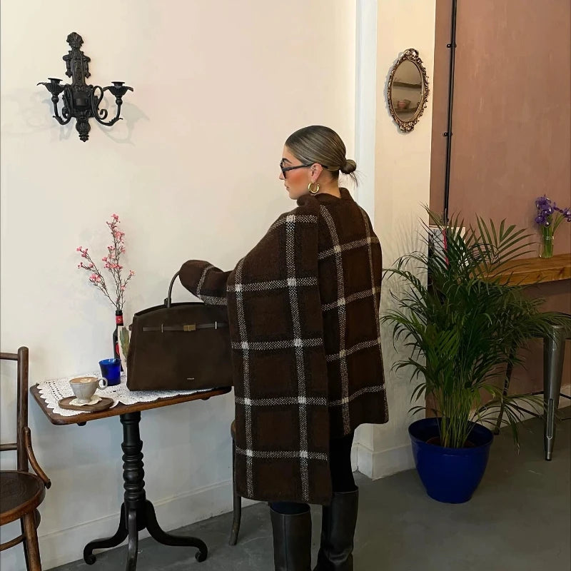 Plaid V-Neck Knit Cardigan With Double Pockets For Women