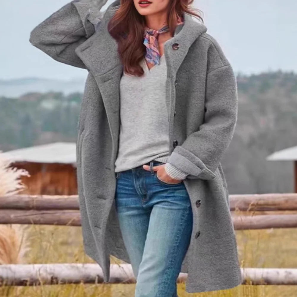 Oversized Hooded Casual Solid Color Wool Blend Coat for Women
