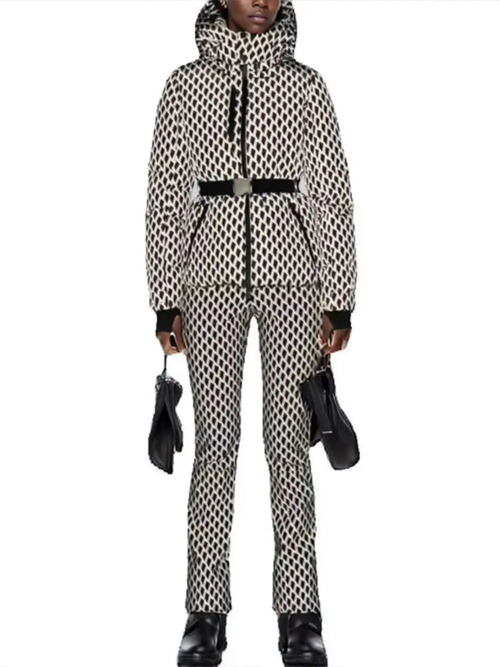Hooded Windproof Padded Jacket And Pants Set With Belt for Women