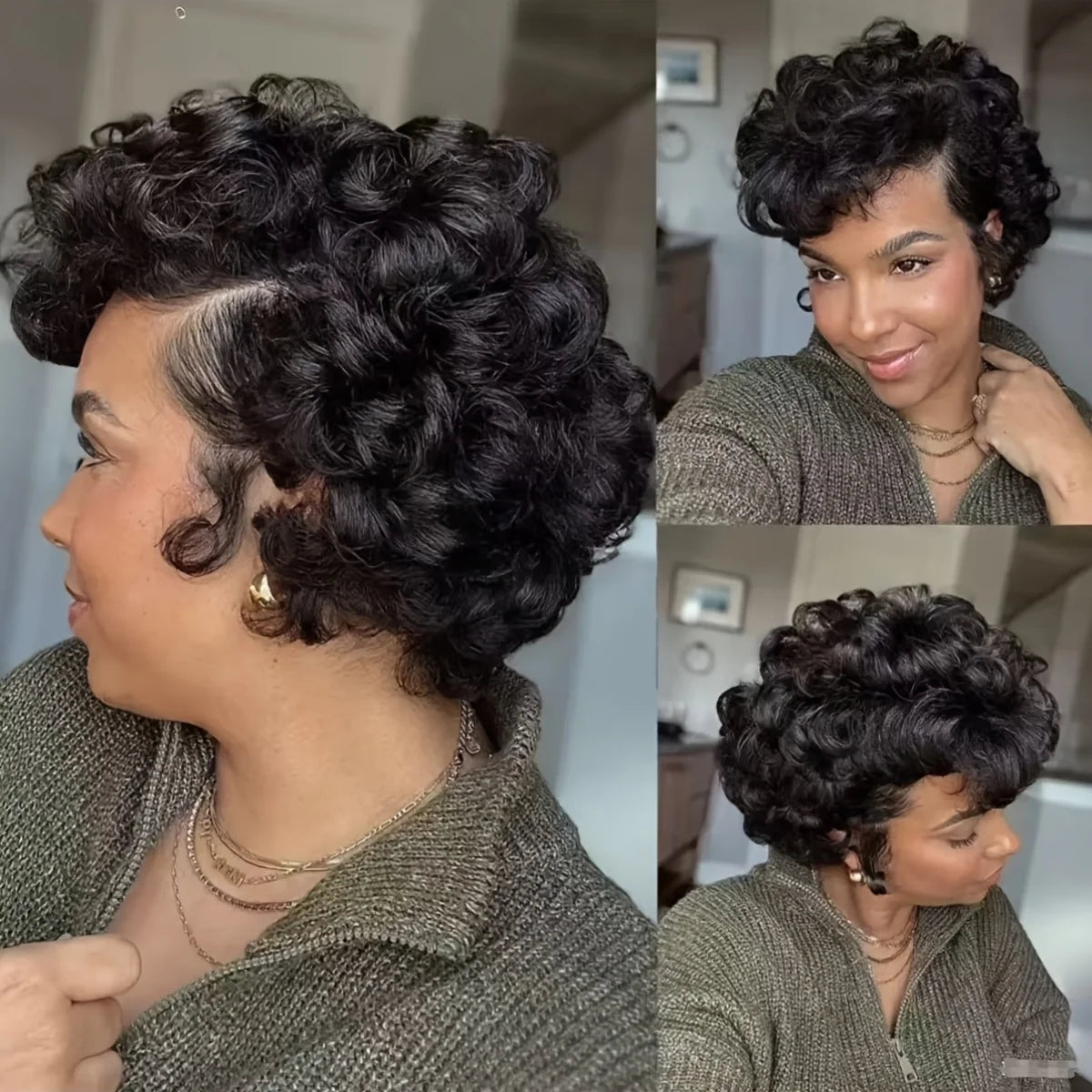 Short Curly Pixie Lace Front Human Hair Wig for Women