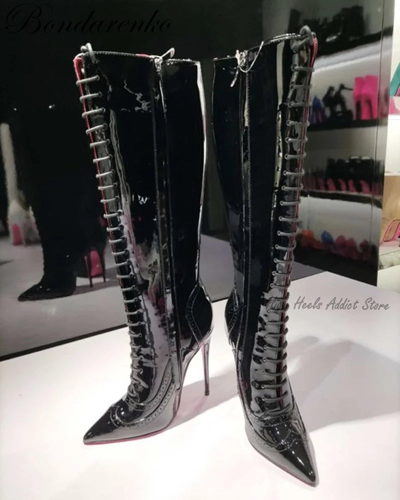 Pointed Toe Patent Leather Lace Up Knee High Boots for Women