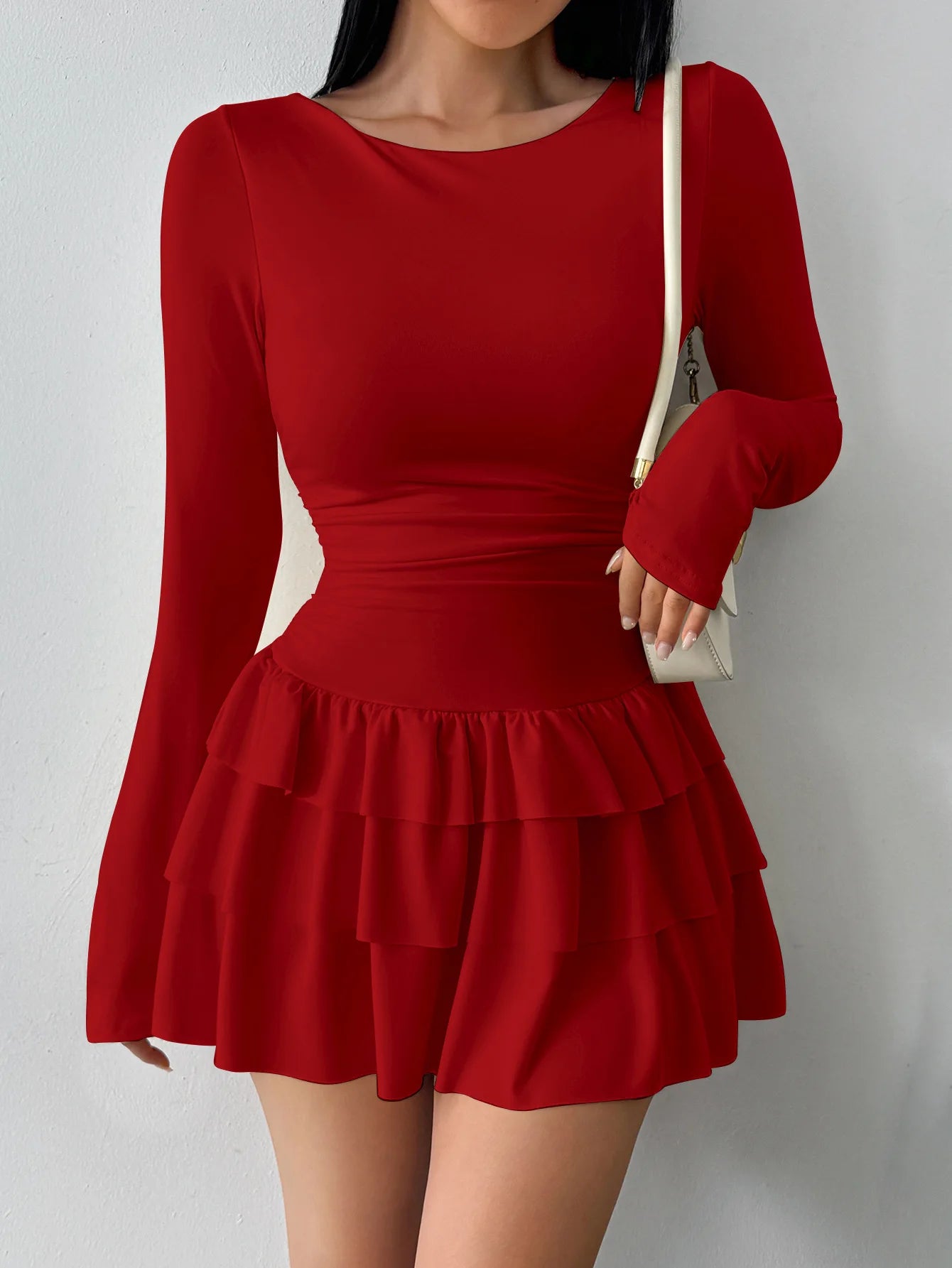 Elegant Cascading Ruffle Flare Sleeve Bodycon Dress for Women