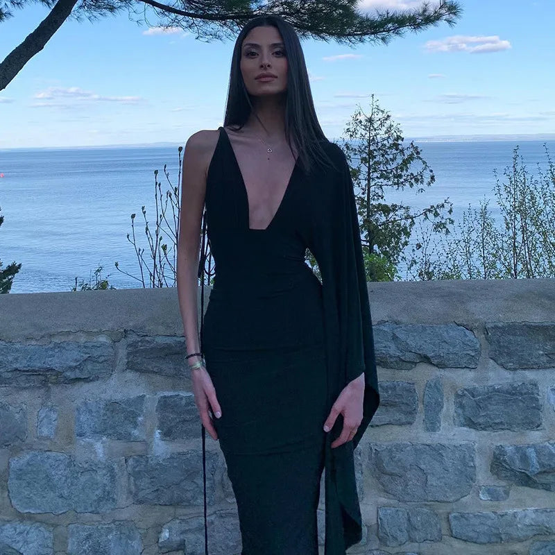 Cryptographic Fashion Draped Deep V Sexy Backless Maxi Dresses Party Club Women Elegant One Shoulder Gown Slip Dresses Ruched