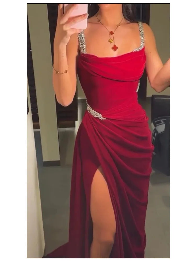 Red Front Split Beaded Satin Evening Dress for Women