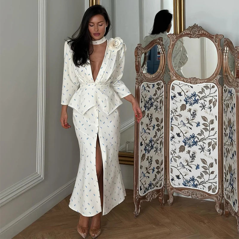 Printed Floral Three-D Button V-Neck Pleated Long Sleeve Maxi Dress for Women