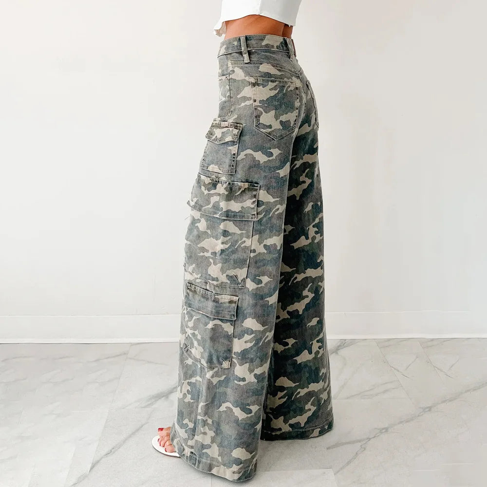 High Waist Camouflage Wide Leg Cargo Pants for Women