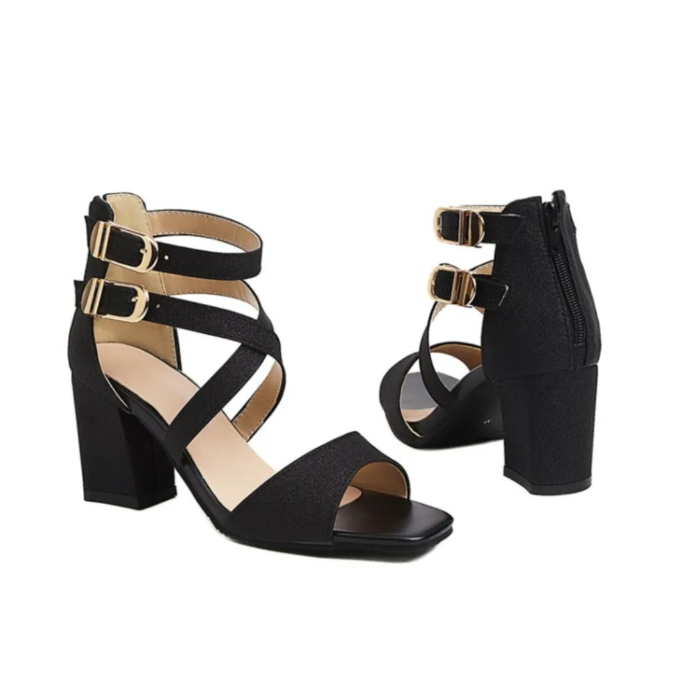Square Heel Buckle Cross Strap Sandals