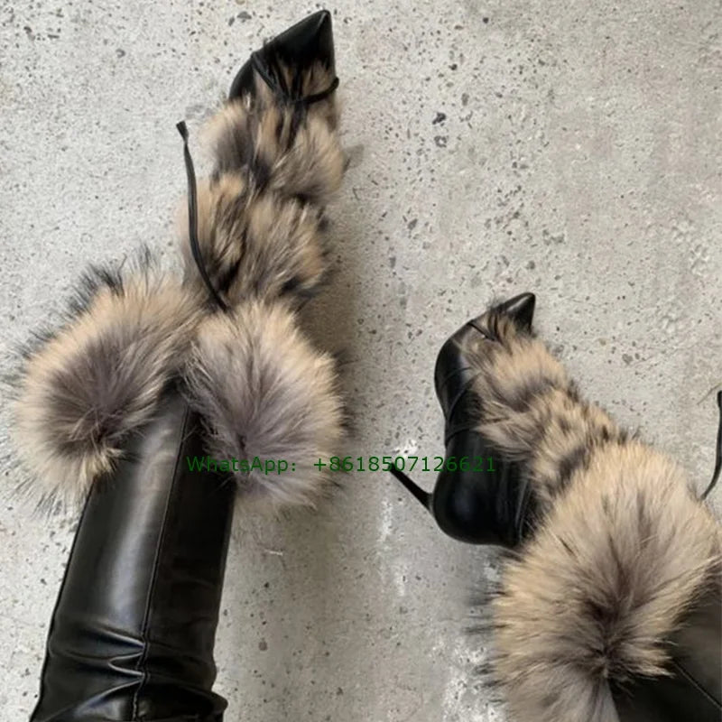 Black Pointed Toe Faux Fur Ankle Boots