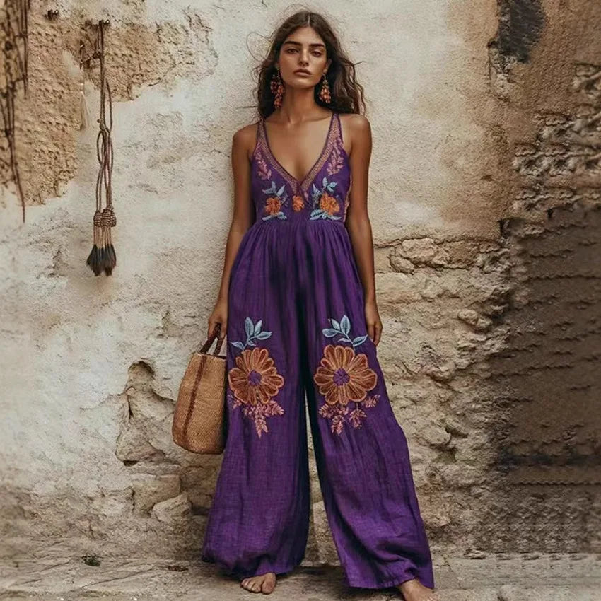 Casual Printed Loose Vneck Sleeveless Wide Leg Jumpsuit for Women