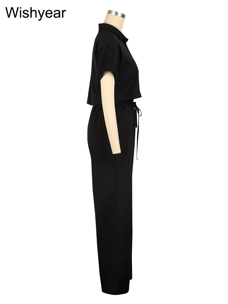 Casual Sports Linen Outfits Women's Short Sleeve Shirt and Wide Leg Pants Autumn 2 Piece Set Streetwear Office Fashion Tracksuit