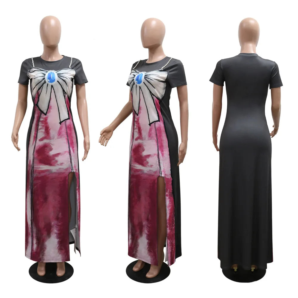 Casual Bow Print Short Sleeve Maxi Dress for Women