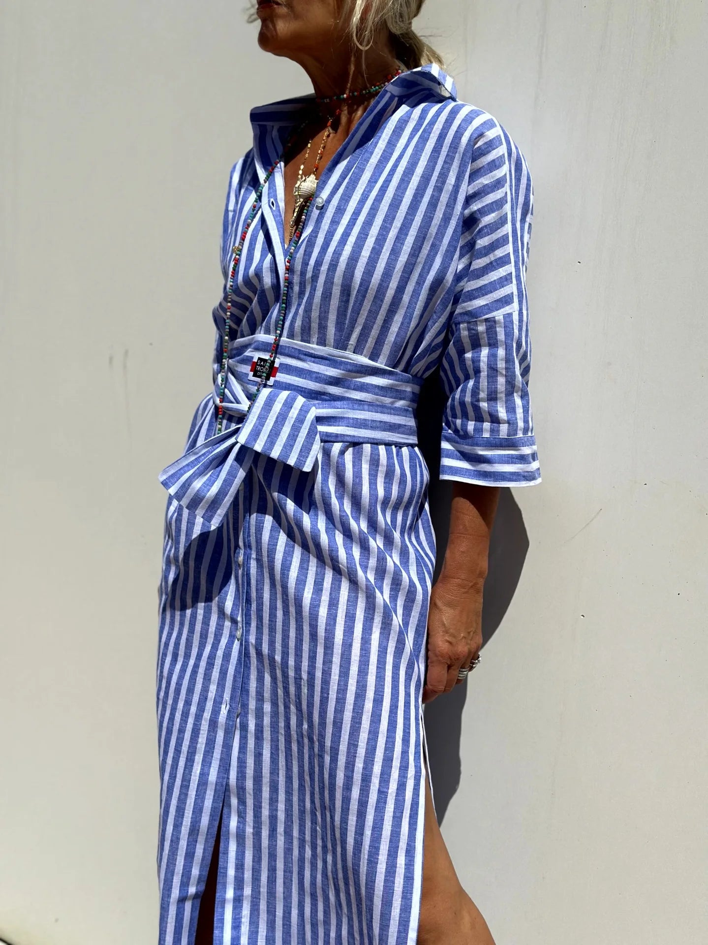 Striped Belted Ankle Length Half Sleeves Lapel Dress for Women