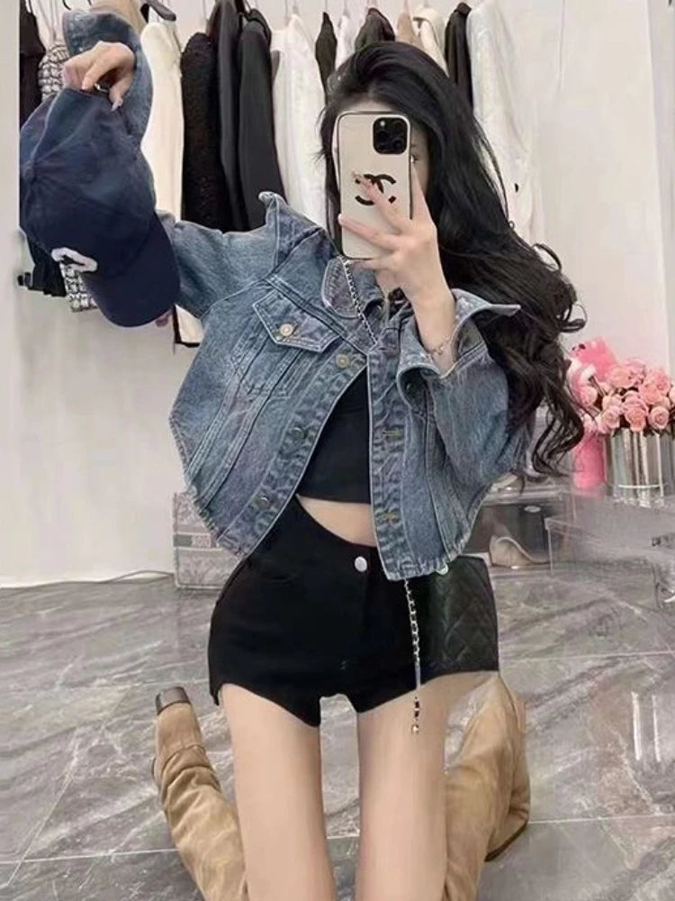 Front Zipper Vintage Denim Cropped Jacket For Women