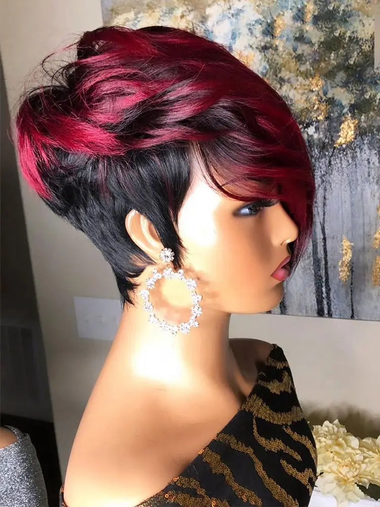 Dark Red Pixie Cut Wig 1B/99J Human Hair Short Bob Wig With Bang Brazilian None Lace Wigs For Women Full Machine Human Hair Wig