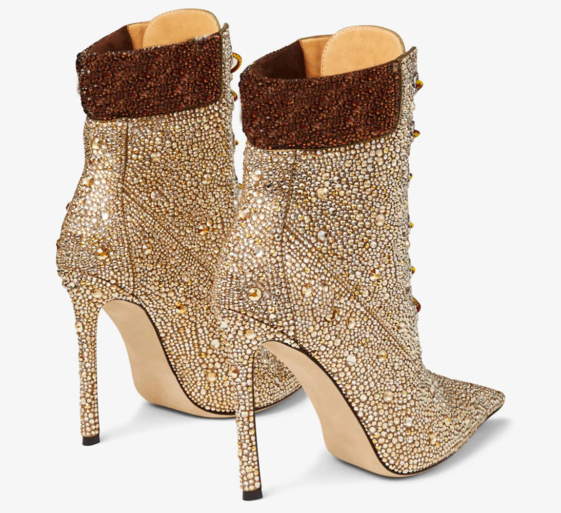 Design Women High Heel Champagne Gold Handmade Rhinestones Lace Up Ankle Boots Sexy Lady High Heel Pointy Crystal Short Boots