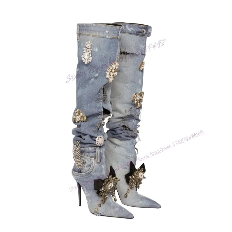 Blue Crystal Embellished Denim Knee High Boots for Women