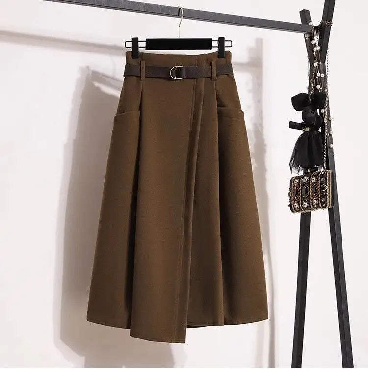 High Waisted Black Wool Midi Skirt With Pockets for Women