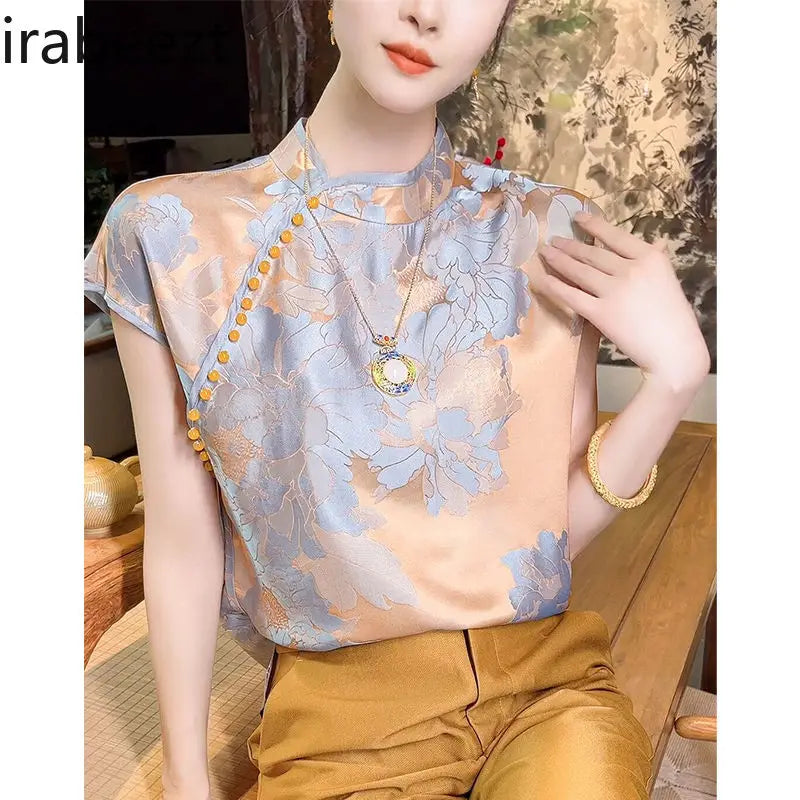 Chinese Inspired Floral Jacquard Satin Blouse For Women