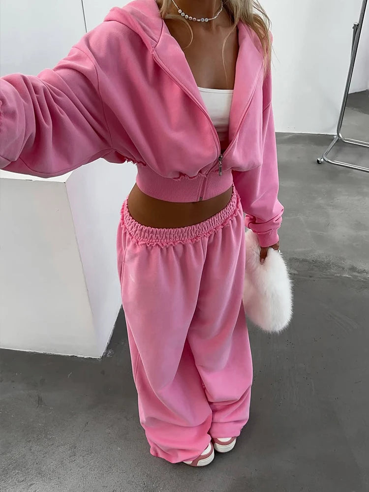 Patchwork Zip Hooded Crop Tracksuit Set