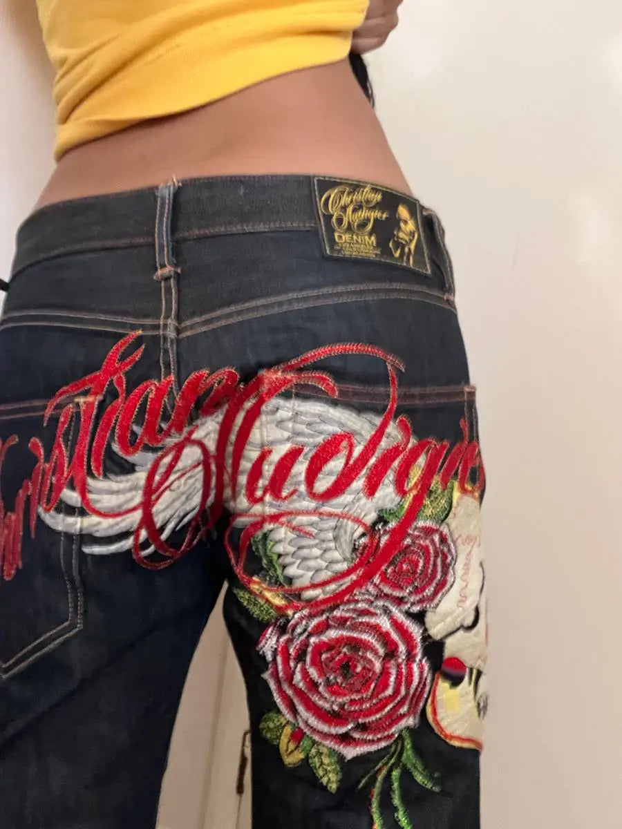 Harajuku Angel wings Embroidery Jeans Casual Denim Pants High Waist Straight Wide Leg Jeans Vintage Y2k 2000s Women Clothing