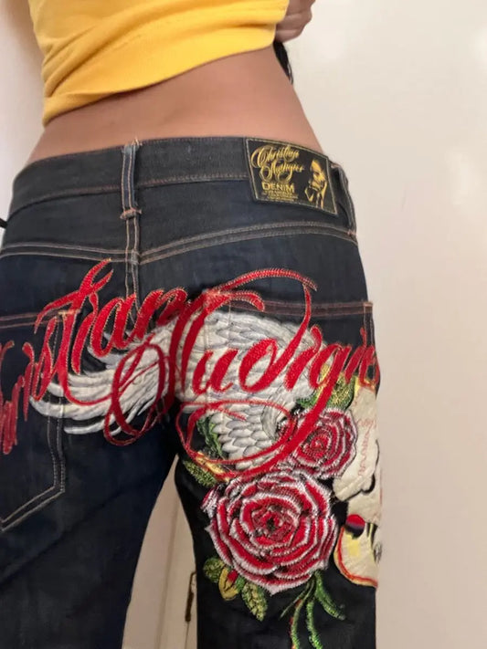 Harajuku Angel wings Embroidery Jeans Casual Denim Pants High Waist Straight Wide Leg Jeans Vintage Y2k 2000s Women Clothing
