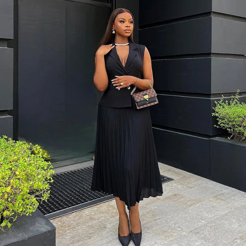 CM.YAYA Street OL Work Women's Set Sleeveless Vest Tops and Pleated Skirts Suit 2024 Summer INS Two 2 Piece Set Outfit Tracksuit
