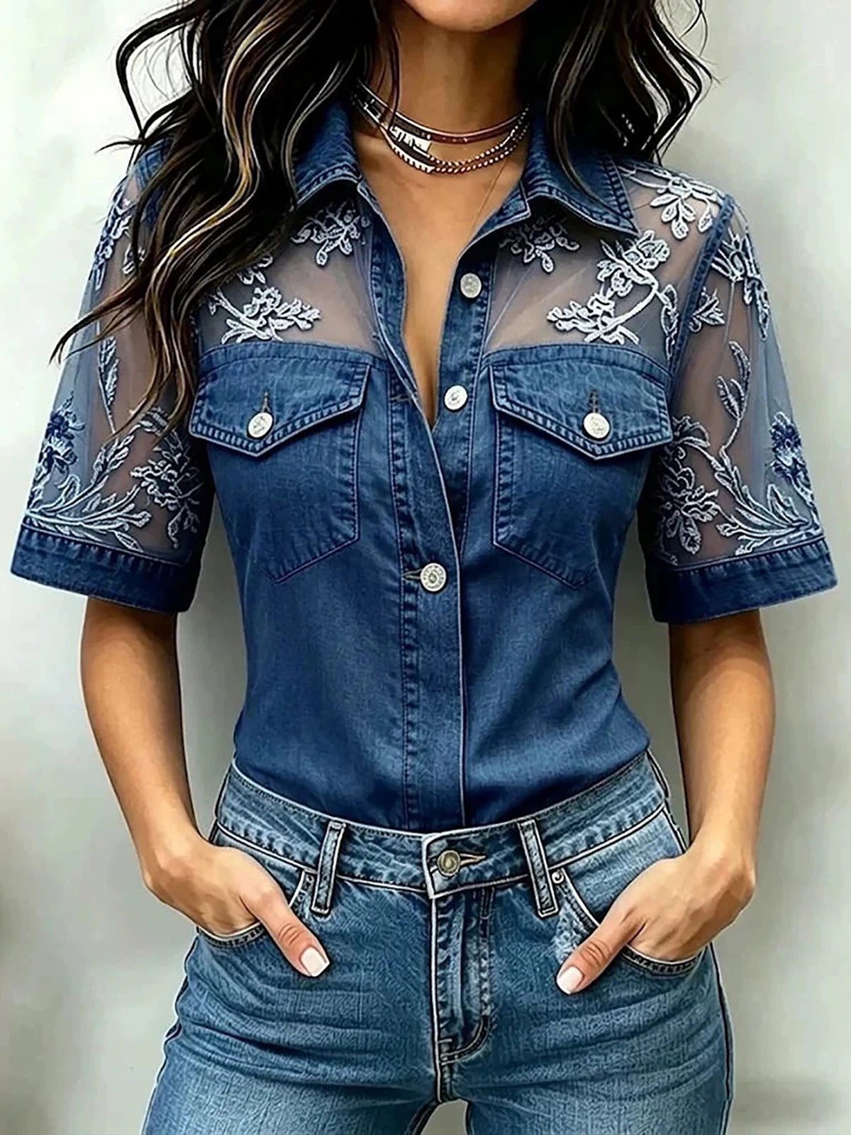 Soft Touch Floral Lace Patchwork Casual Denim Shirt For Women