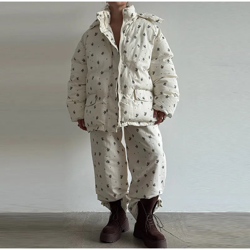 Striped Hooded Puffer Jacket and Wide Leg Pants Set for Women
