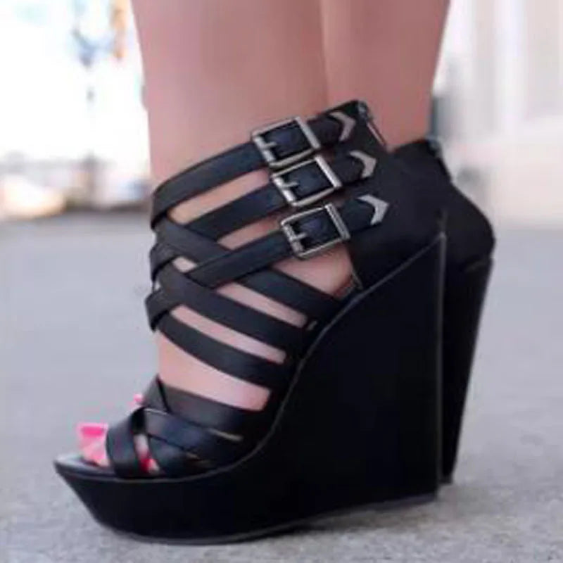 Black Matte Leather Buckle Strap Platform Wedge Sandals for Women