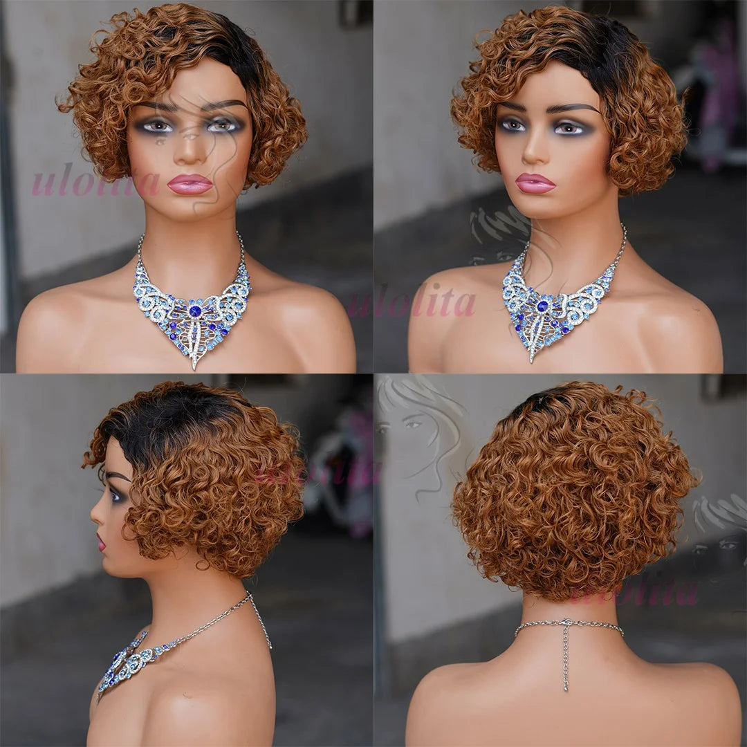 Ombre Pixie Cut Curly Bob Human Hair Wig for Women